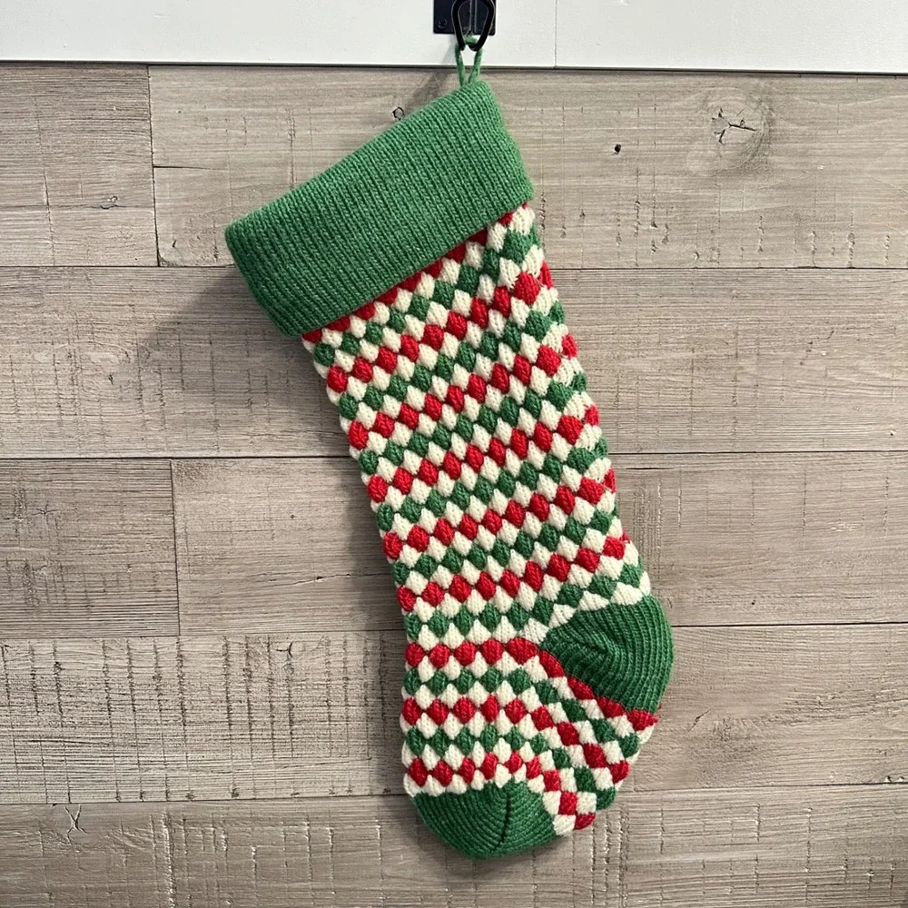 Vintage Style Hand Knit‎ Christmas Stocking Red Green White Diamond Bubble Knit